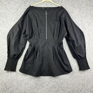 EShakti Smocked Cuff Cotton Poplin Top Blouse Womens Large Cinch Waist Pockets*